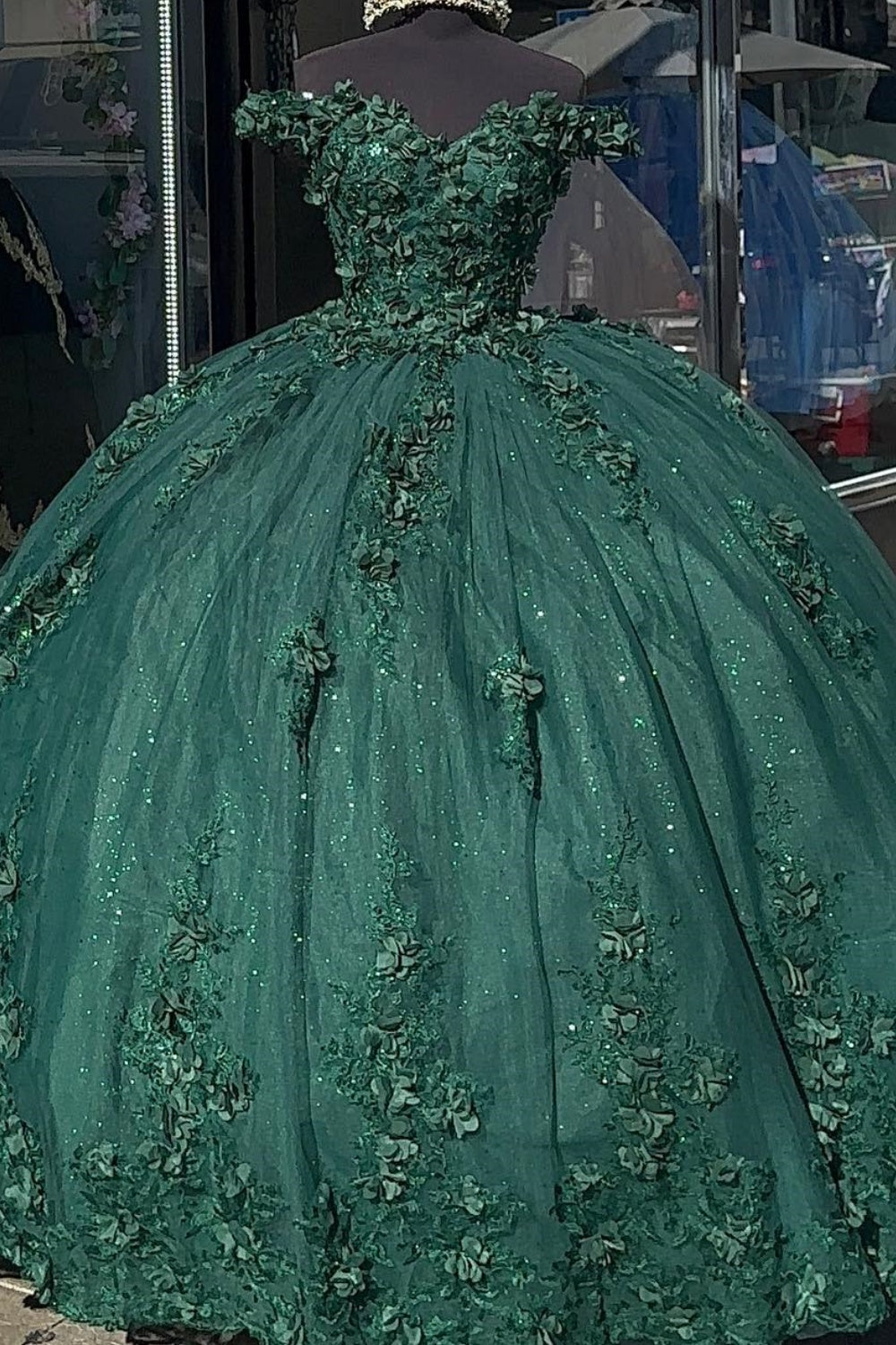 Off Shoulder Sleeveless 3D Flower Appliques Dark Green Quinceañera Dre – YMFFW