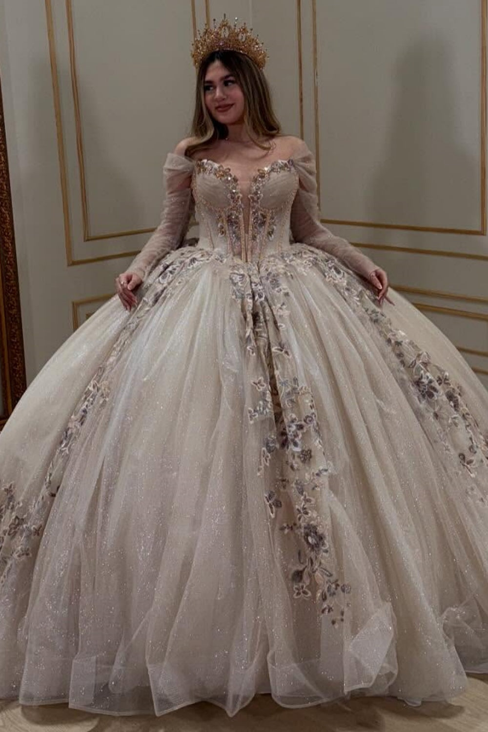 Off Shoulder Detachable Sleeves Beaded Sequins Appliques Champagne Qui –  YMFFW