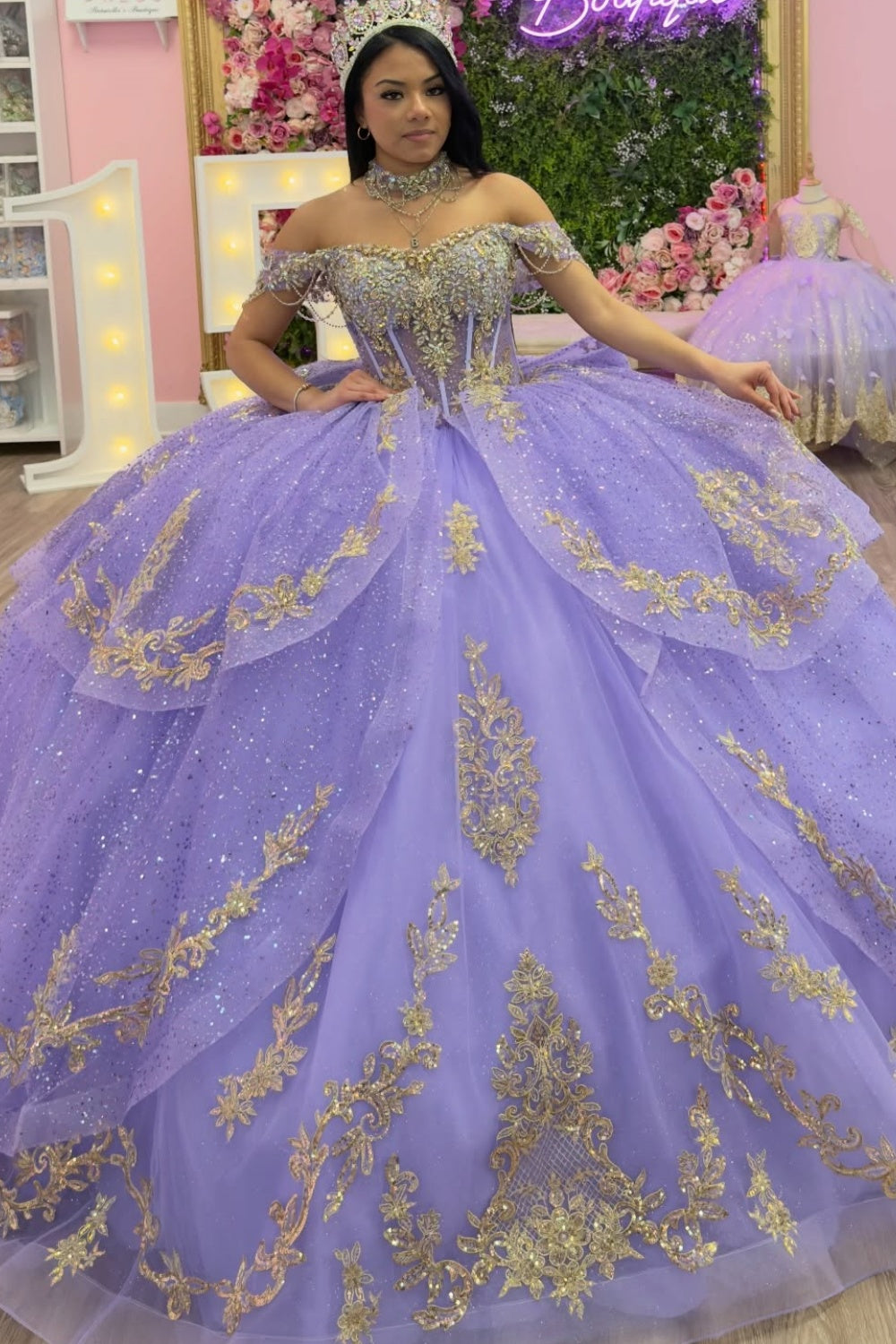 Off Shoulder Sleeveless Beaded Gold Appliques Tiered Bow Knot Purple Quinceañera Dress YQ1143