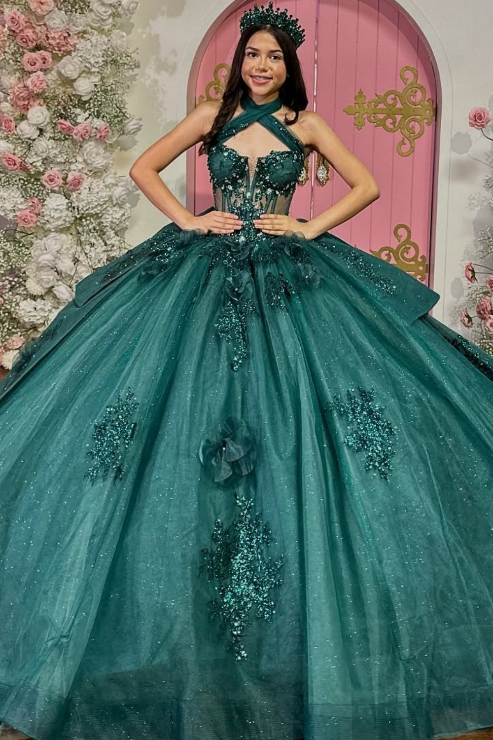 Halter Sleeveless Beaded Appliques Ruffles Tiered Dark Green Quinceañe