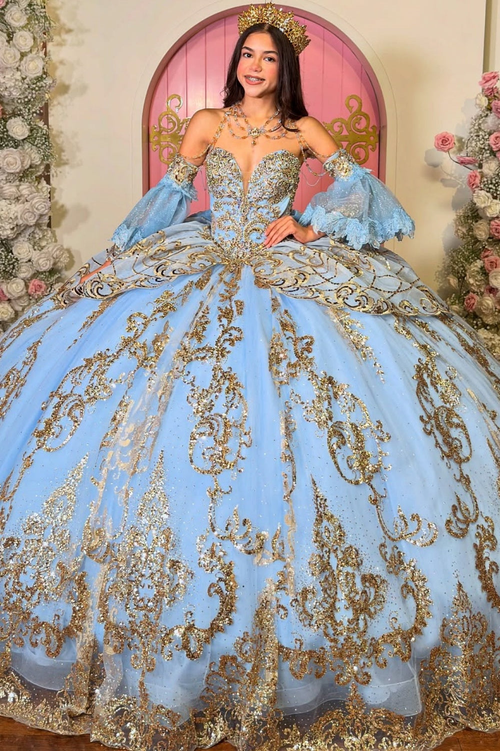 light blue quinceanera dresses Off Shoulder Detachable Sleeve Sequins Appliques Bow Knot Baby Qu – YMFFW timeless black dress Romagic Contras Color Black creating a magical Color:Platinum (Silver)