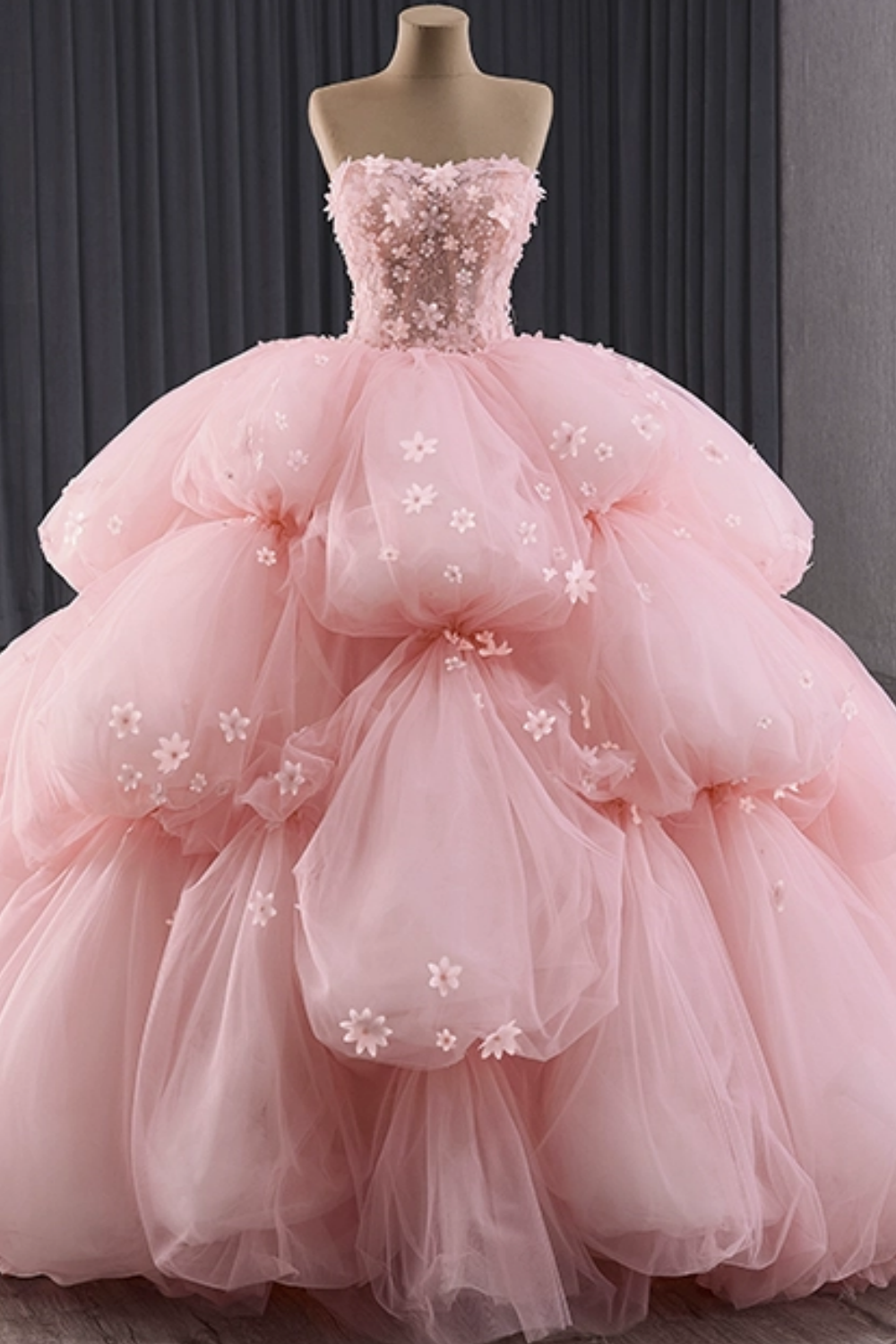 Strapless Sleeveless 3D Flower Appliques Ruched Pink Quinceañera Dress – YMFFW
