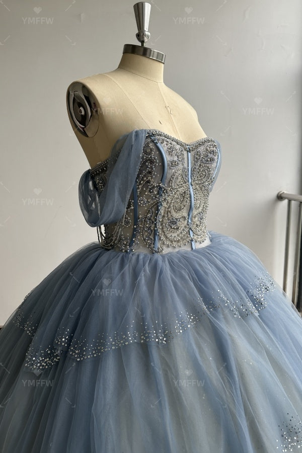 Vestido de Quinceañera Azul Marino con Lentejuelas, Apliques de Cuentas, Brillos y Escote Bardot YQ1055