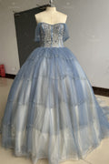 Vestido de Quinceañera Azul Marino con Lentejuelas, Apliques de Cuentas, Brillos y Escote Bardot YQ1055