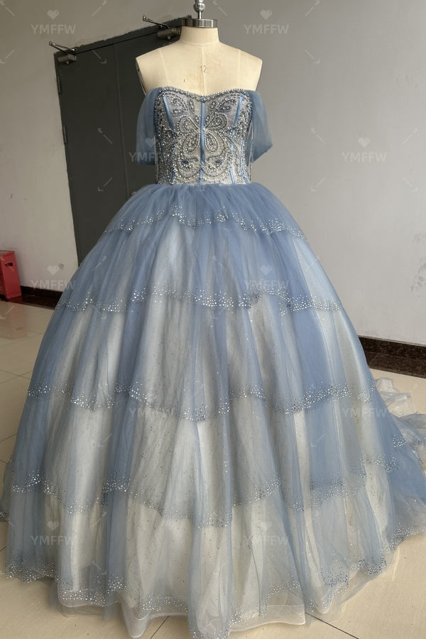 Vestido de Quinceañera Azul Marino con Lentejuelas, Apliques de Cuentas, Brillos y Escote Bardot YQ1055
