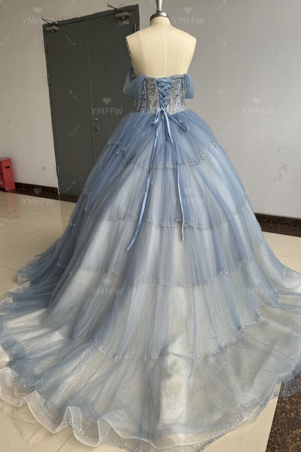 Vestido de Quinceañera Azul Marino con Lentejuelas, Apliques de Cuentas, Brillos y Escote Bardot YQ1055