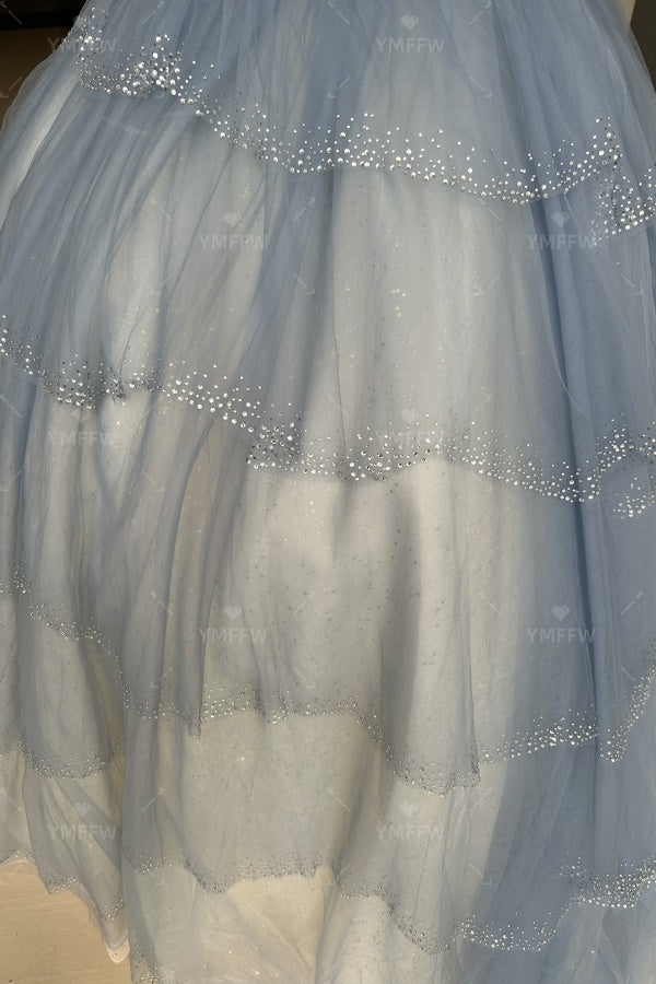 Vestido de Quinceañera Azul Marino con Lentejuelas, Apliques de Cuentas, Brillos y Escote Bardot YQ1055