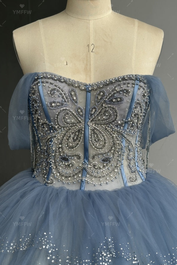 Vestido de Quinceañera Azul Marino con Lentejuelas, Apliques de Cuentas, Brillos y Escote Bardot YQ1055