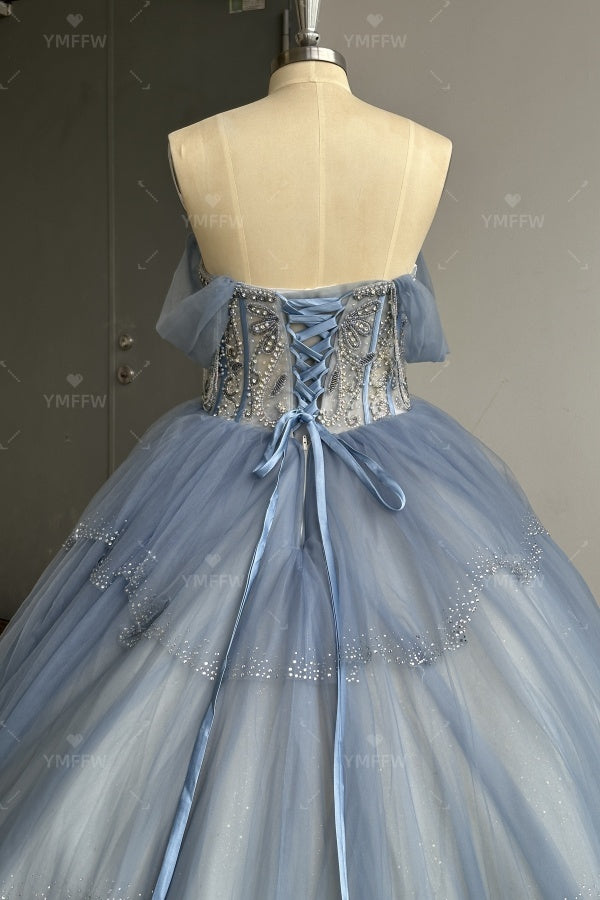 Vestido de Quinceañera Azul Marino con Lentejuelas, Apliques de Cuentas, Brillos y Escote Bardot YQ1055