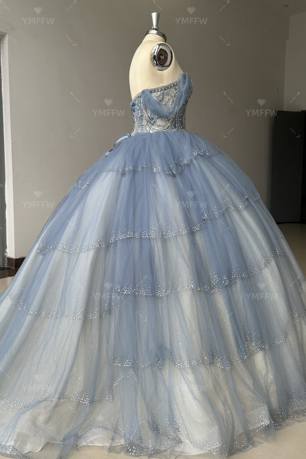 Vestido de Quinceañera Azul Marino con Lentejuelas, Apliques de Cuentas, Brillos y Escote Bardot YQ1055