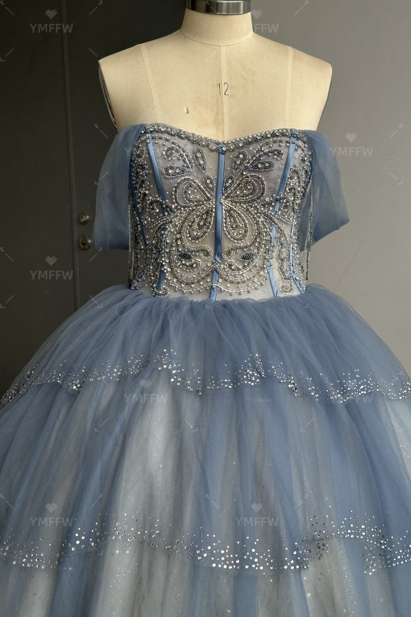 Vestido de Quinceañera Azul Marino con Lentejuelas, Apliques de Cuentas, Brillos y Escote Bardot YQ1055