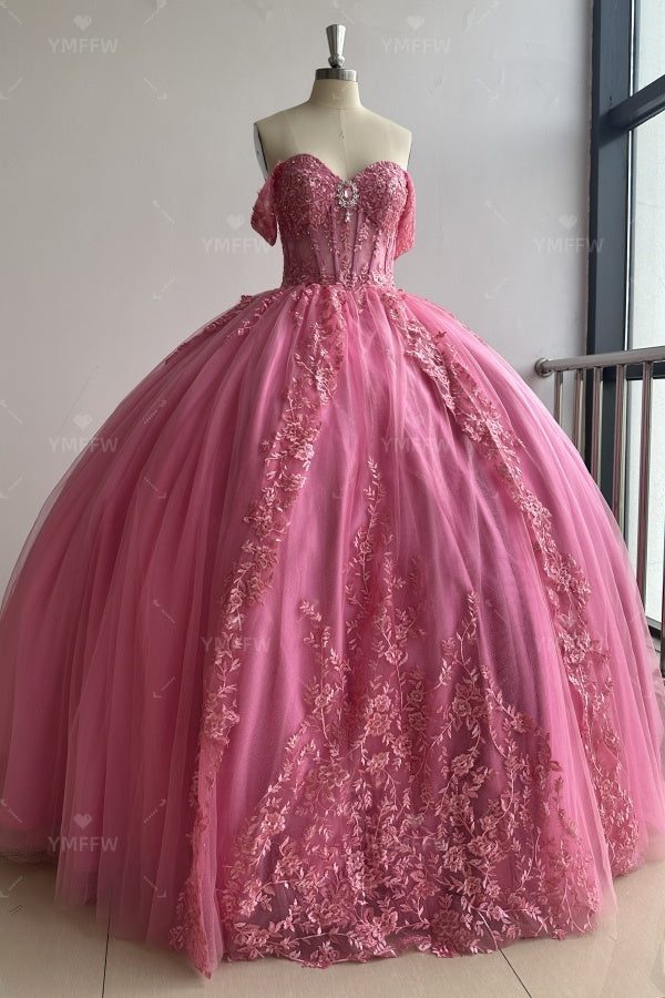 Vestido de Quinceañera Azul Marino con Lentejuelas, Apliques de Cuentas, Brillos y Escote Bardot YQ1055