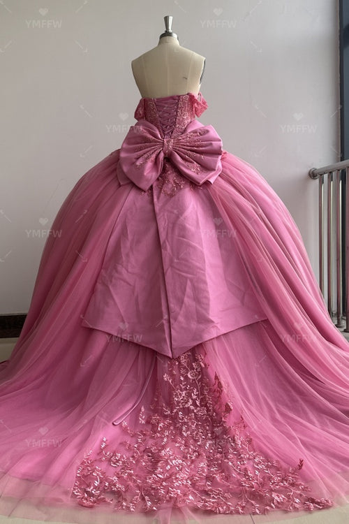 Off Shoulder Sleeveless Appliques Beaded Bow Knot Hot Pink Quinceanera Dress Y1002