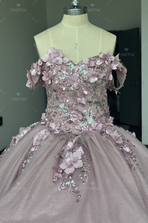 Vestido de Quinceañera Azul Marino con Lentejuelas, Apliques de Cuentas, Brillos y Escote Bardot YQ1055