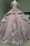 Vestido de Quinceañera Azul Marino con Lentejuelas, Apliques de Cuentas, Brillos y Escote Bardot YQ1055