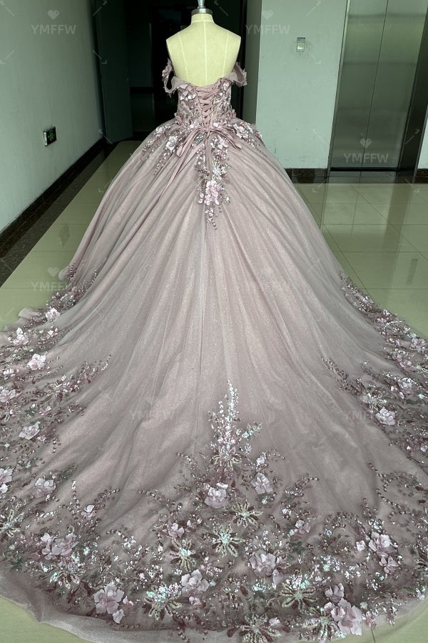 Vestido de Quinceañera Azul Marino con Lentejuelas, Apliques de Cuentas, Brillos y Escote Bardot YQ1055