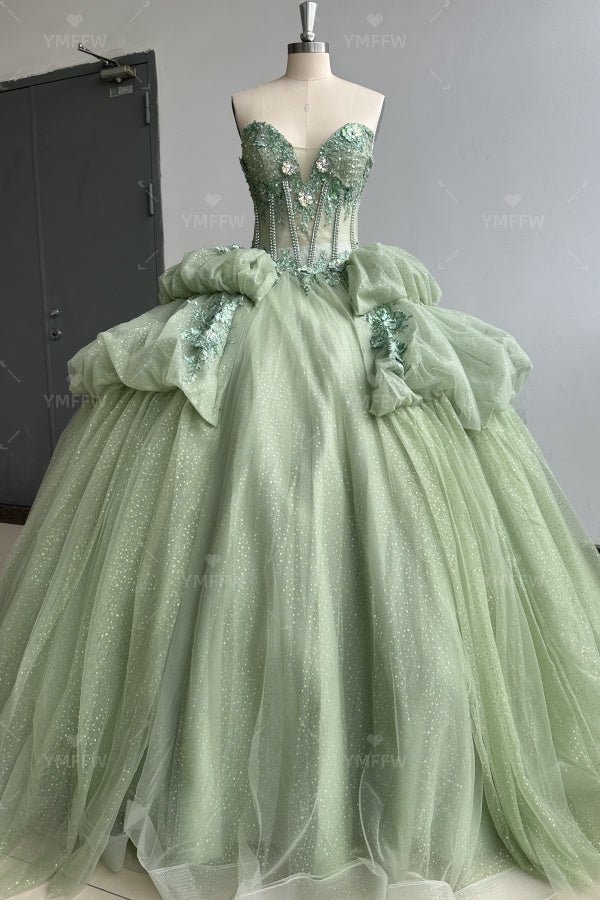 Vestido de Quinceañera Azul Marino con Lentejuelas, Apliques de Cuentas, Brillos y Escote Bardot YQ1055
