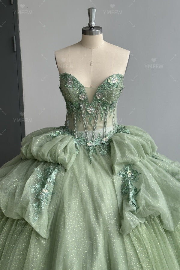 Vestido de Quinceañera Azul Marino con Lentejuelas, Apliques de Cuentas, Brillos y Escote Bardot YQ1055