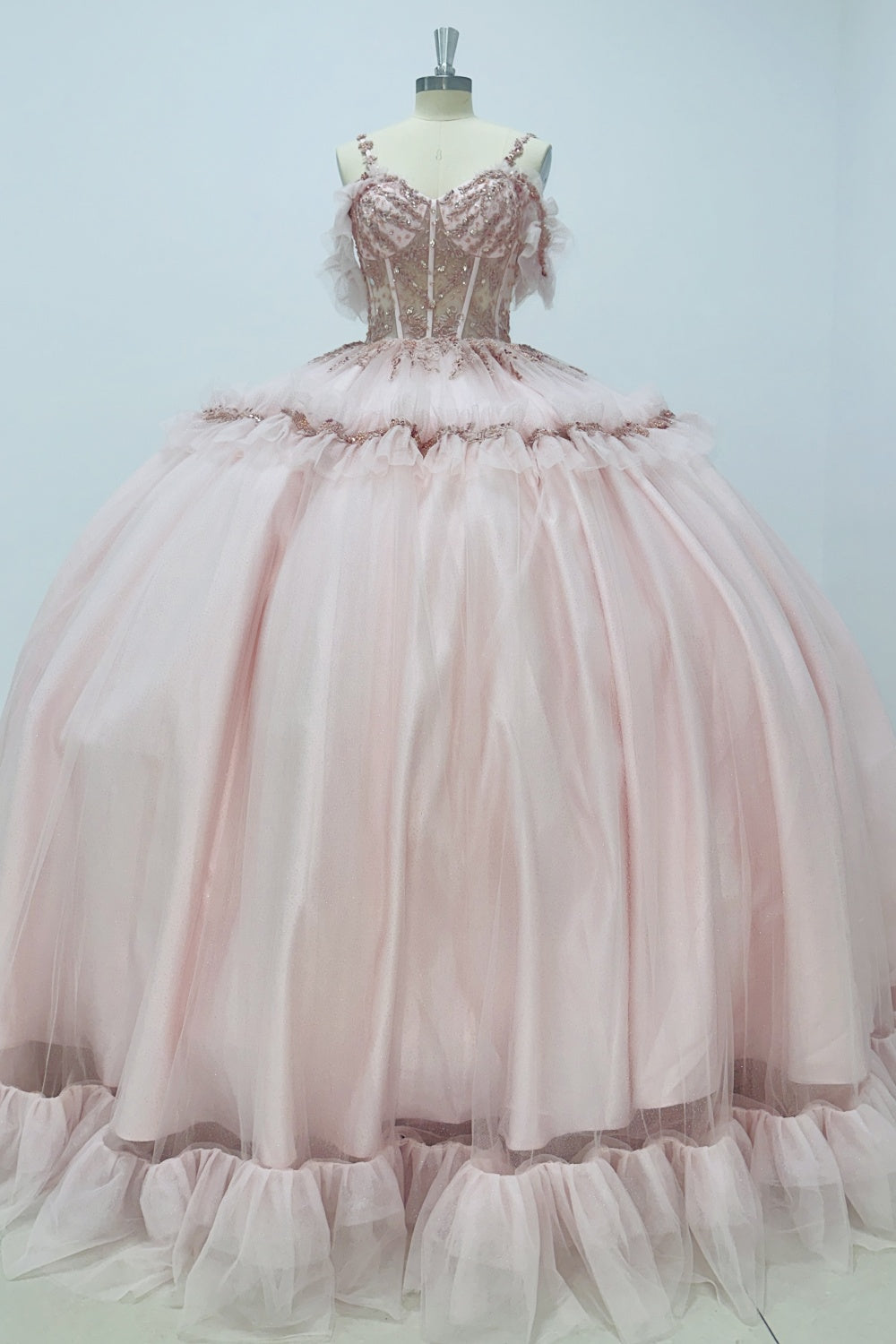 Off Shoulder Spaghetti Straps Sleeveless Beaded Sequins Appliques Ruffles Pink Quinceañera Dress Y1006