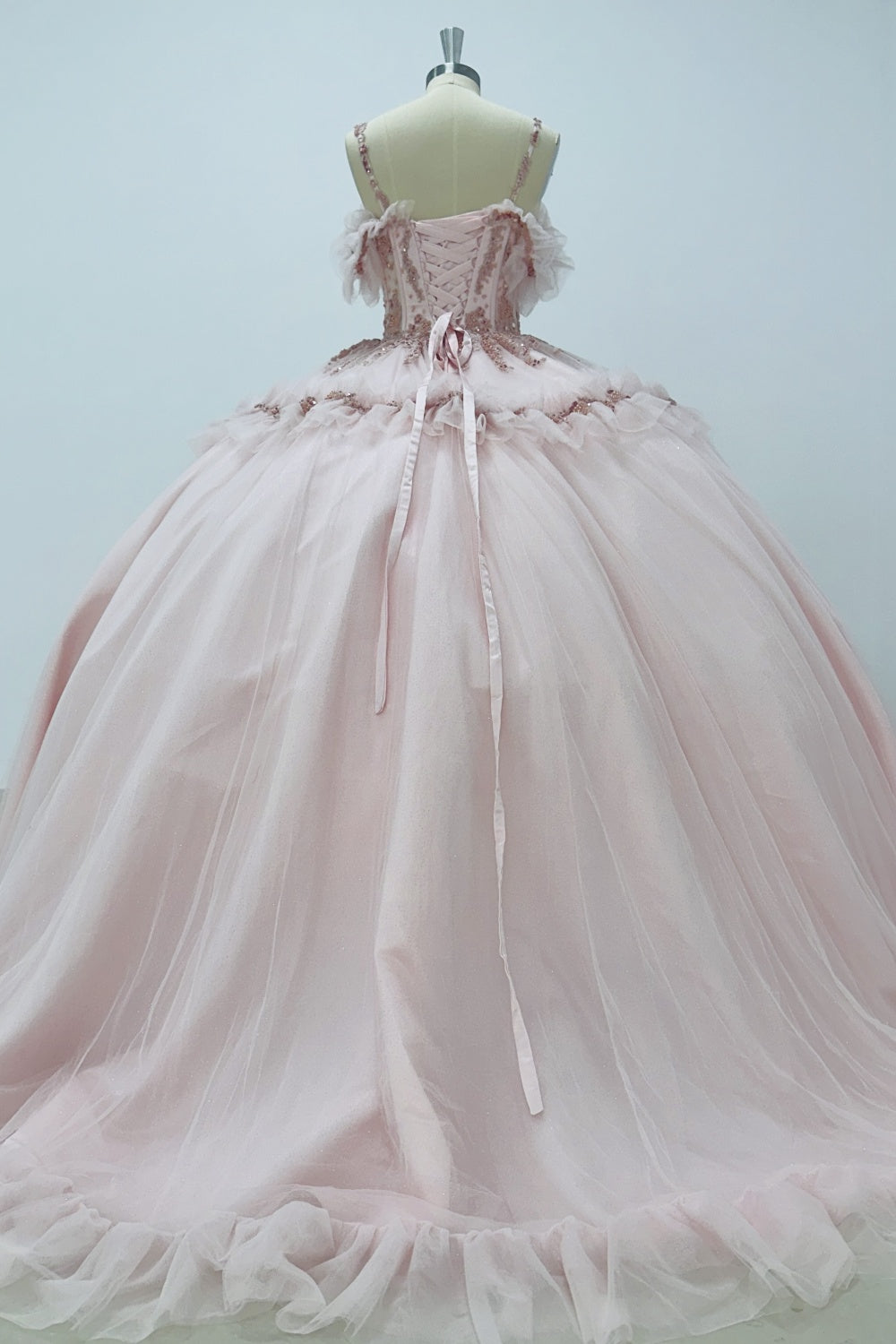 Off Shoulder Spaghetti Straps Sleeveless Beaded Sequins Appliques Ruffles Pink Quinceañera Dress Y1006