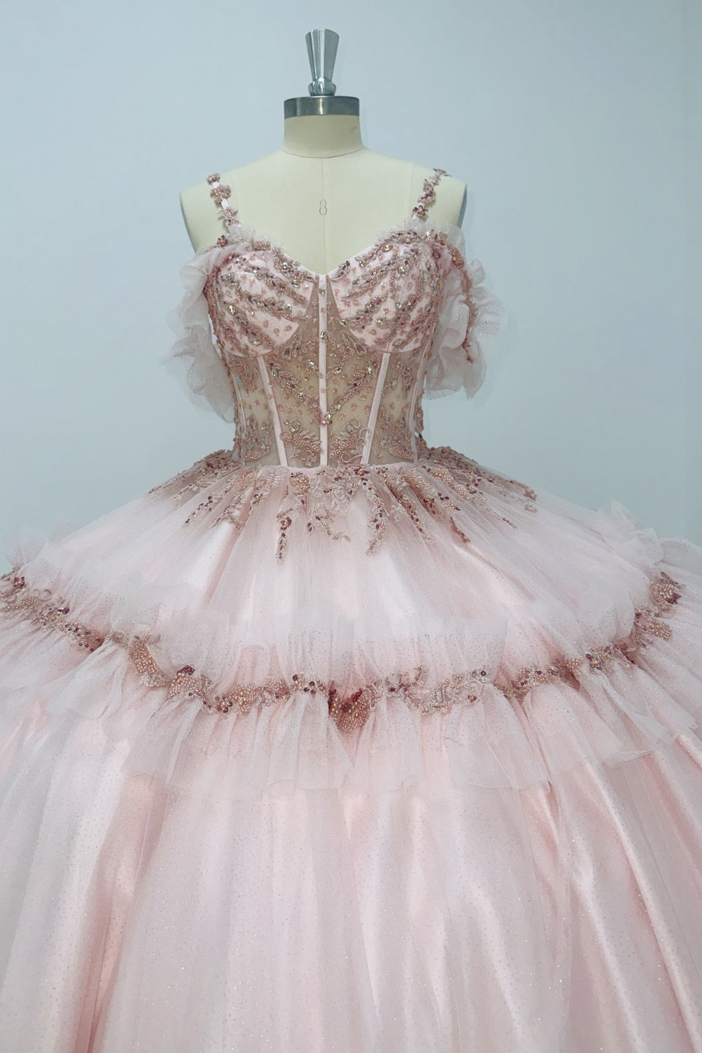 Off Shoulder Spaghetti Straps Sleeveless Beaded Sequins Appliques Ruffles Pink Quinceañera Dress Y1006
