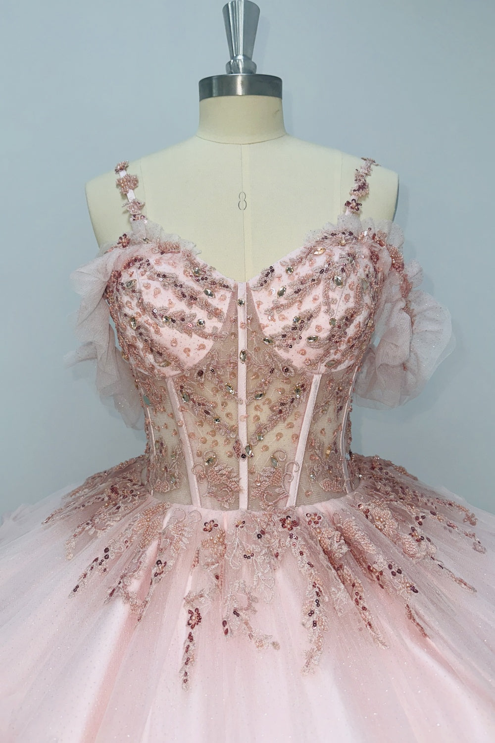 Off Shoulder Spaghetti Straps Sleeveless Beaded Sequins Appliques Ruffles Pink Quinceañera Dress Y1006