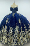 Off Shoulder Sleeveless Beaded Gold Appliques Bow Knot Glitter Navy Quinceañera Dress Y1007