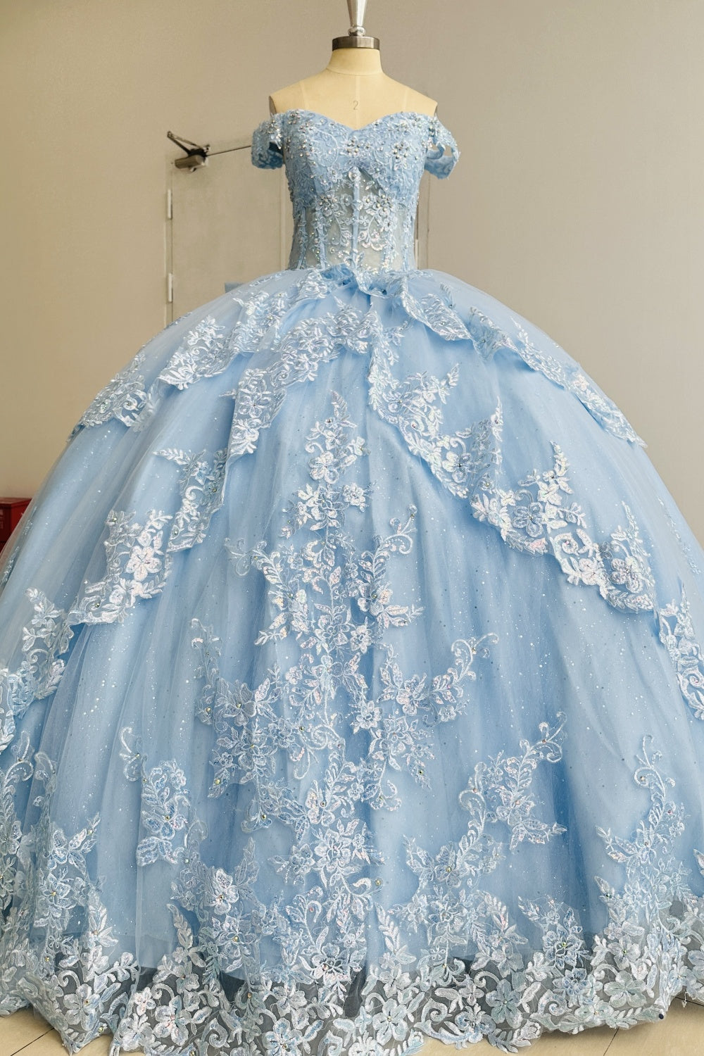 Off Shoulder Sleeveless Beaded Sequins Appliques Bow Knot Ruffles Blue Quinceañera Dress Y1009