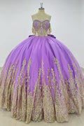 Off Shoulder Sleeveless Sequins Beaded Gold Appliques Bow Knot Purple Quinceañera Dress Y1010