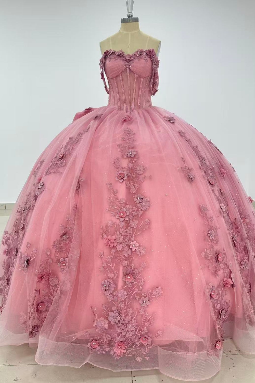 Off Shoulder Sleeveless Beaded 3D Flower Appliques Ruffles Bow Knot Quinceañera Dress Y1011