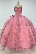 Off Shoulder Sleeveless Beaded 3D Flower Appliques Ruffles Bow Knot Quinceañera Dress Y1011