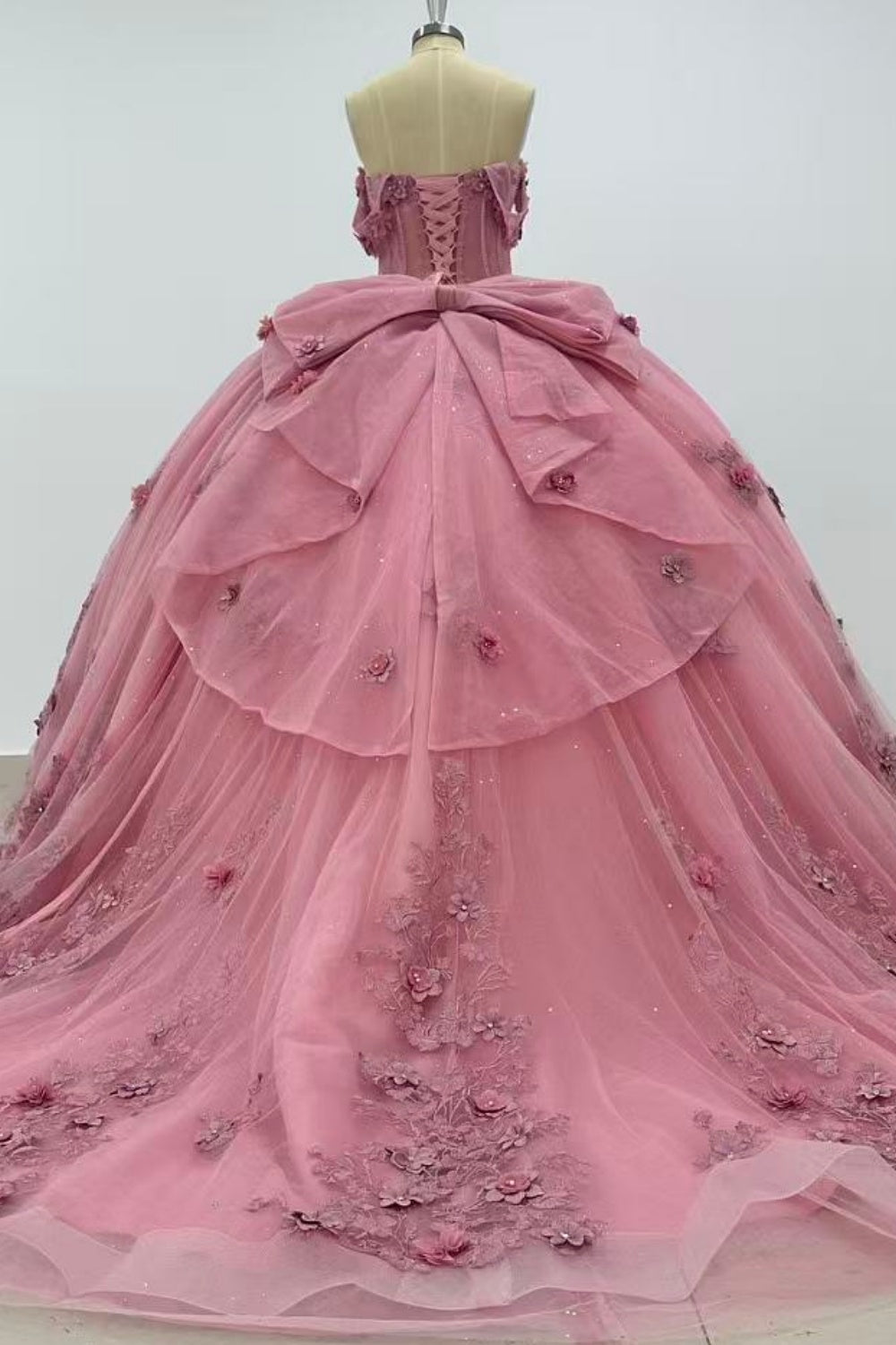 Off Shoulder Sleeveless Beaded 3D Flower Appliques Ruffles Bow Knot Quinceañera Dress Y1011