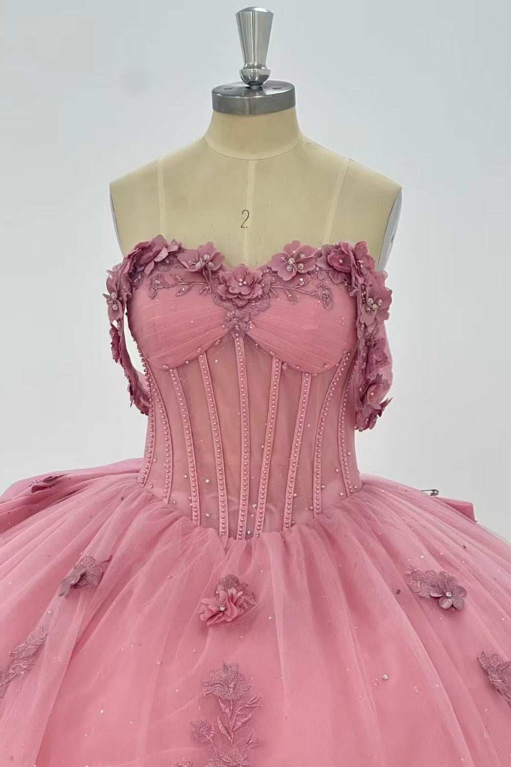 Off Shoulder Sleeveless Beaded 3D Flower Appliques Ruffles Bow Knot Quinceañera Dress Y1011