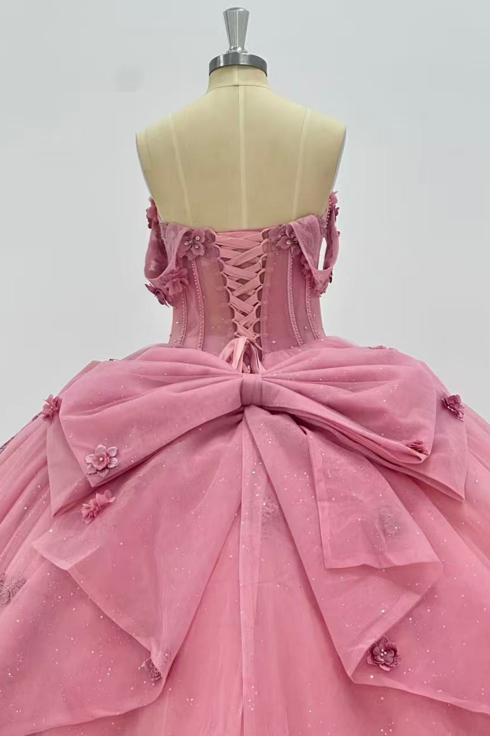 Off Shoulder Sleeveless Beaded 3D Flower Appliques Ruffles Bow Knot Quinceañera Dress Y1011