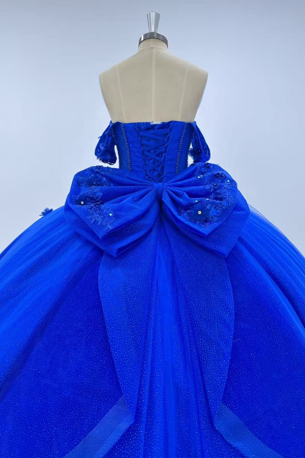 Off Shoulder Sleeveless Beaded 3D Flower Appliques Ruffles Bow Knot Quinceañera Dress Y1011