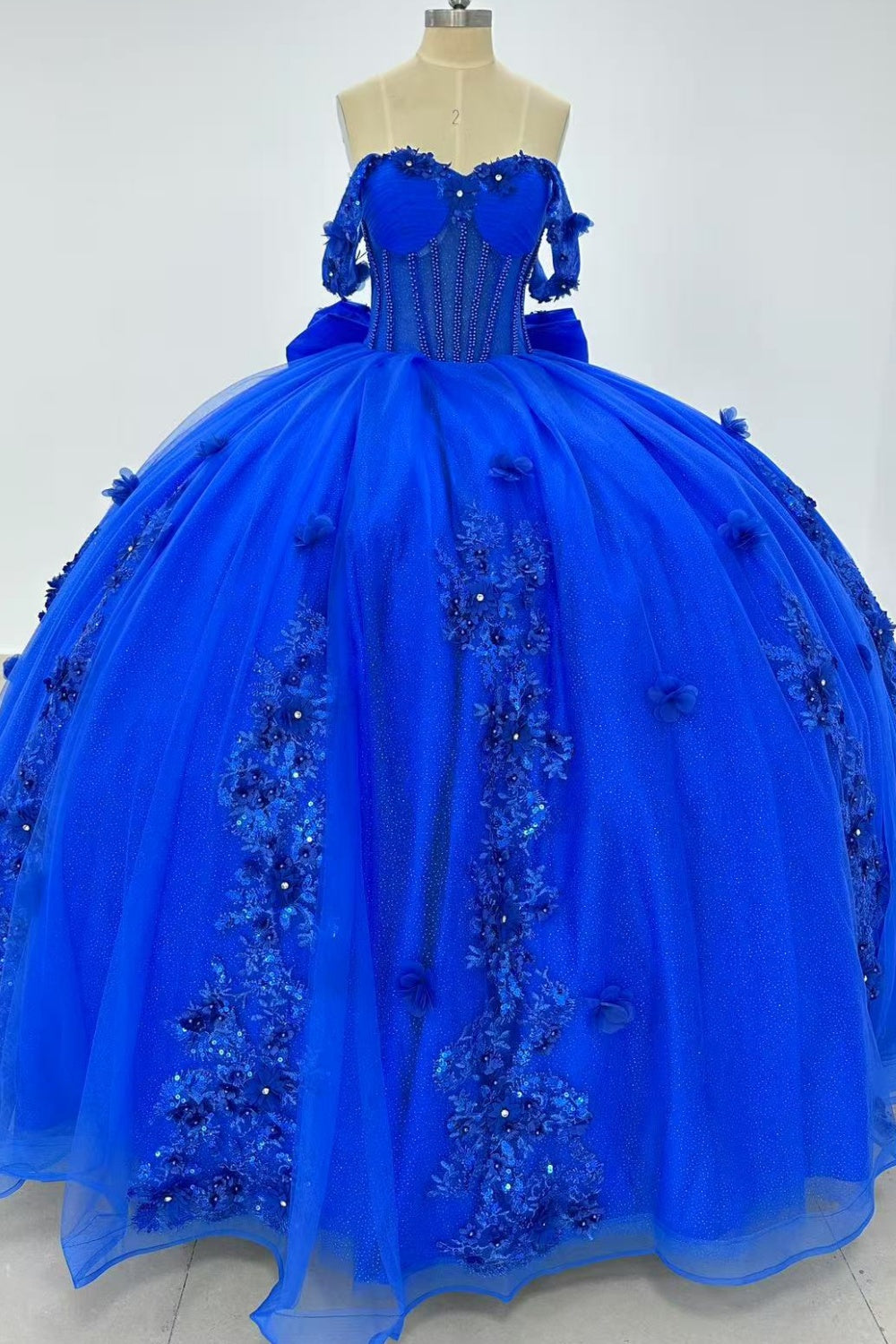 Off Shoulder Sleeveless Beaded 3D Flower Appliques Ruffles Bow Knot Quinceañera Dress Y1011