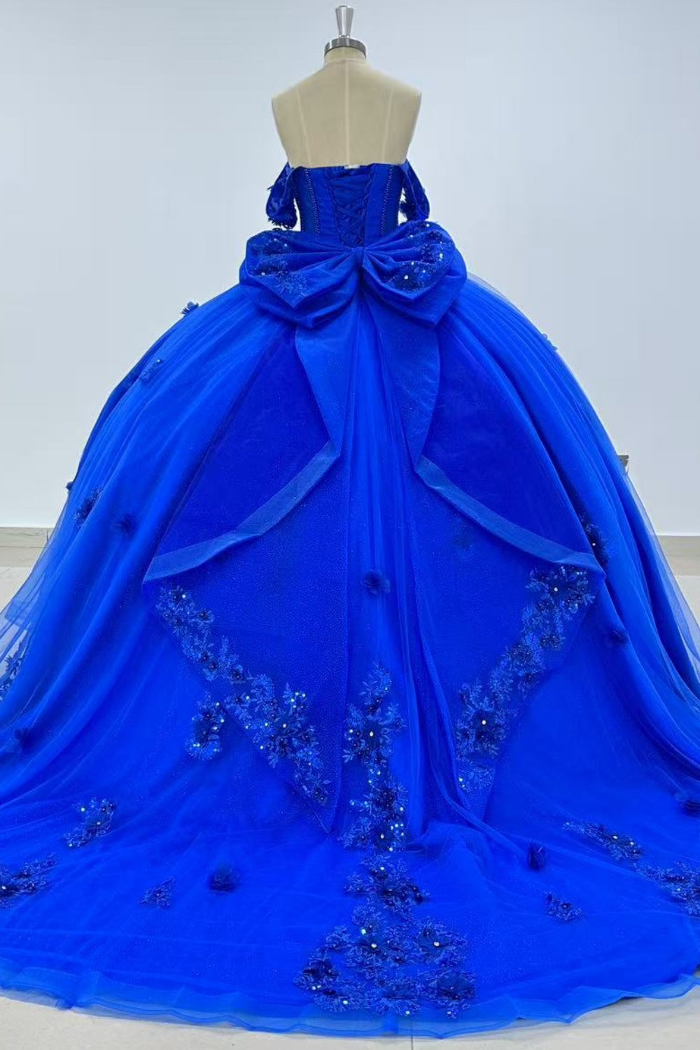 Off Shoulder Sleeveless Beaded 3D Flower Appliques Ruffles Bow Knot Quinceañera Dress Y1011