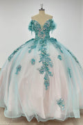 Off Shoulder Sleeveless Beaded Sequins Appliques Blue Quinceañera Dress Y1012