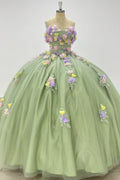 Off Shoulder Sleeveless 3D Colorful Flower Appliques Sage Green Quinceañera Dress Y1013
