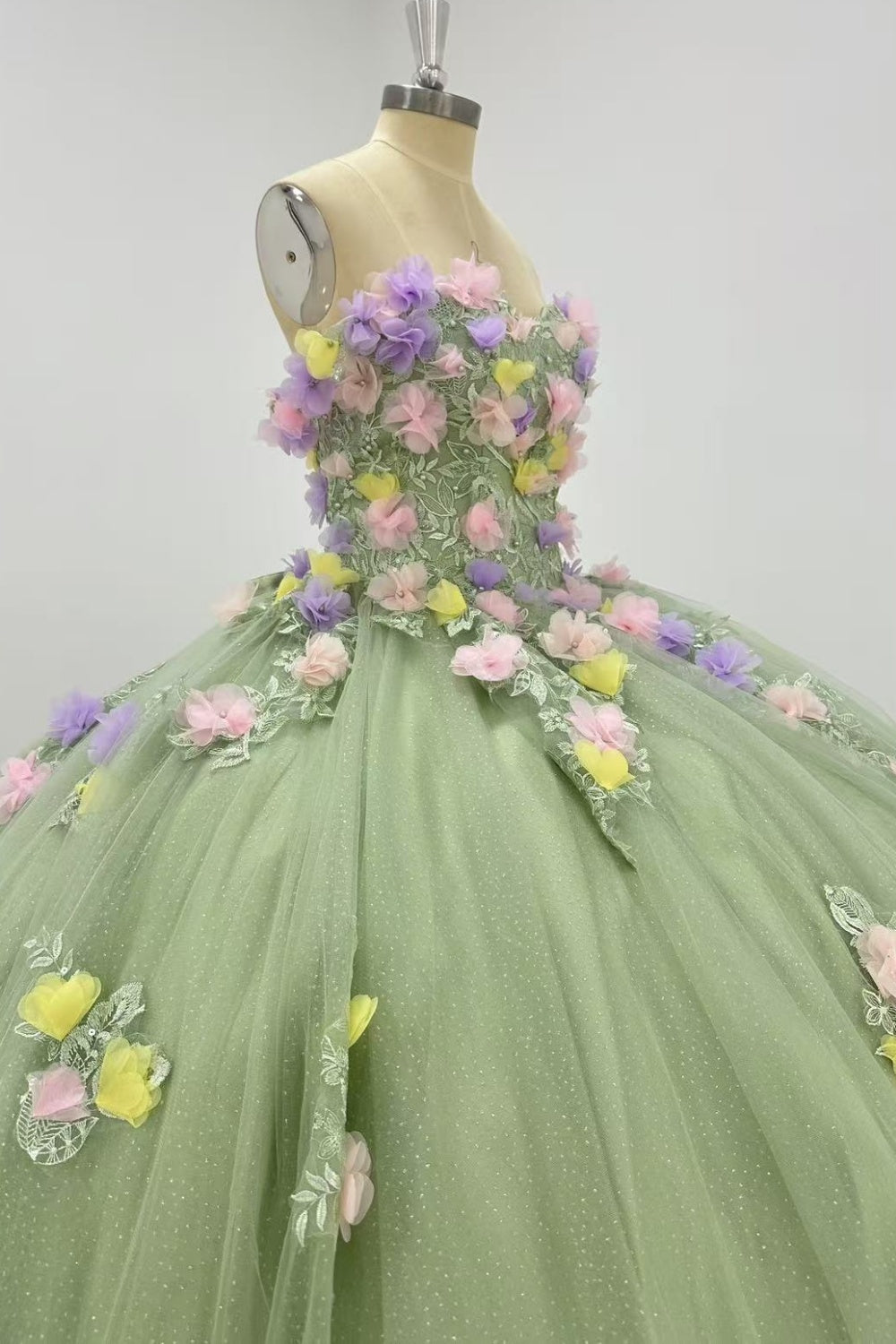 Off Shoulder Sleeveless 3D Colorful Flower Appliques Sage Green Quinceañera Dress Y1013