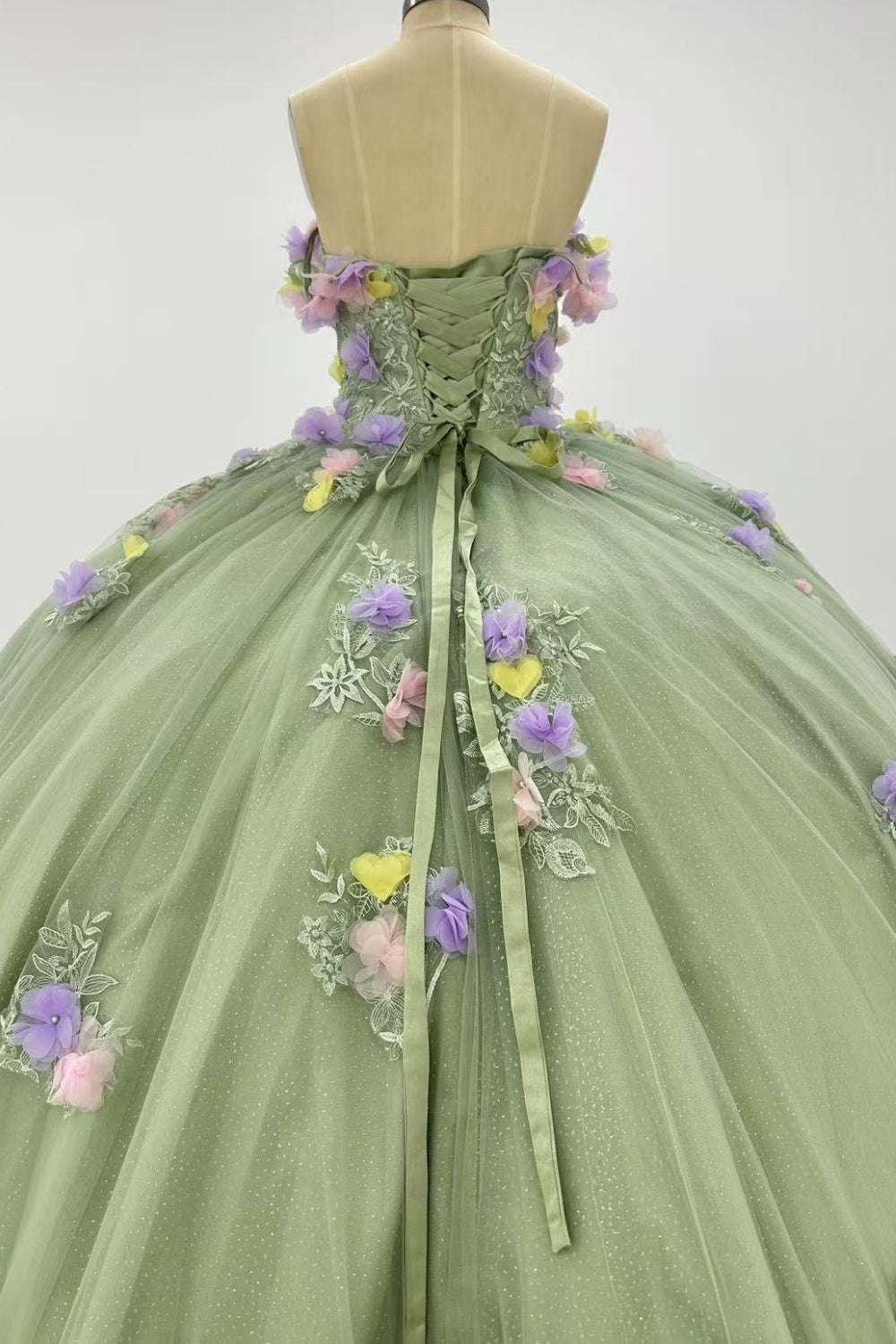 Off Shoulder Sleeveless 3D Colorful Flower Appliques Sage Green Quinceañera Dress Y1013