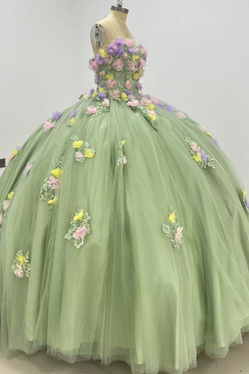 Off Shoulder Sleeveless 3D Colorful Flower Appliques Sage Green Quinceañera Dress Y1013