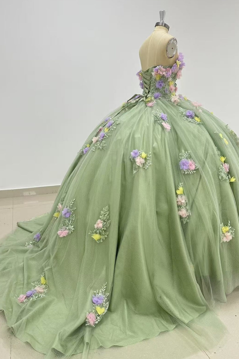 Off Shoulder Sleeveless 3D Colorful Flower Appliques Sage Green Quinceañera Dress Y1013