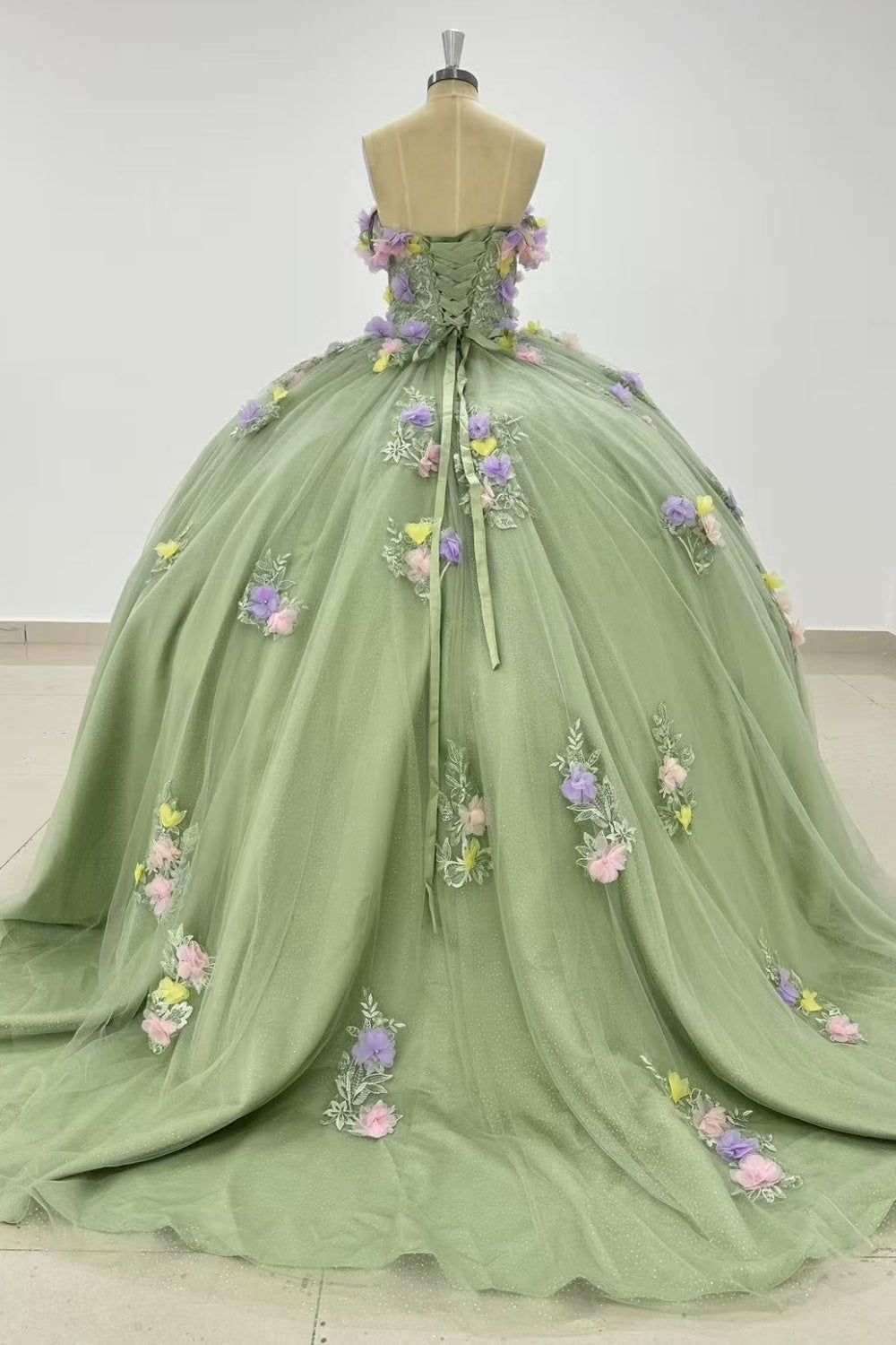 Off Shoulder Sleeveless 3D Colorful Flower Appliques Sage Green Quinceañera Dress Y1013