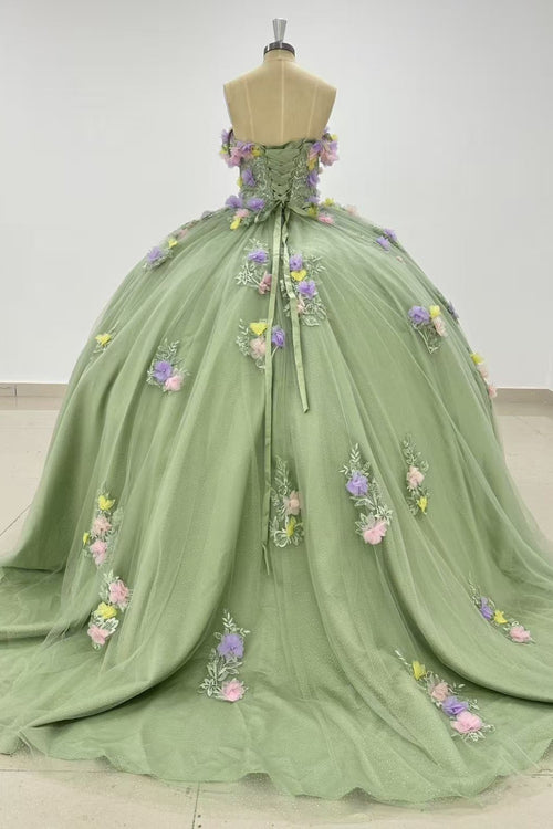 Off Shoulder Sleeveless 3D Colorful Flower Appliques Sage Green Quinceañera Dress Y1013