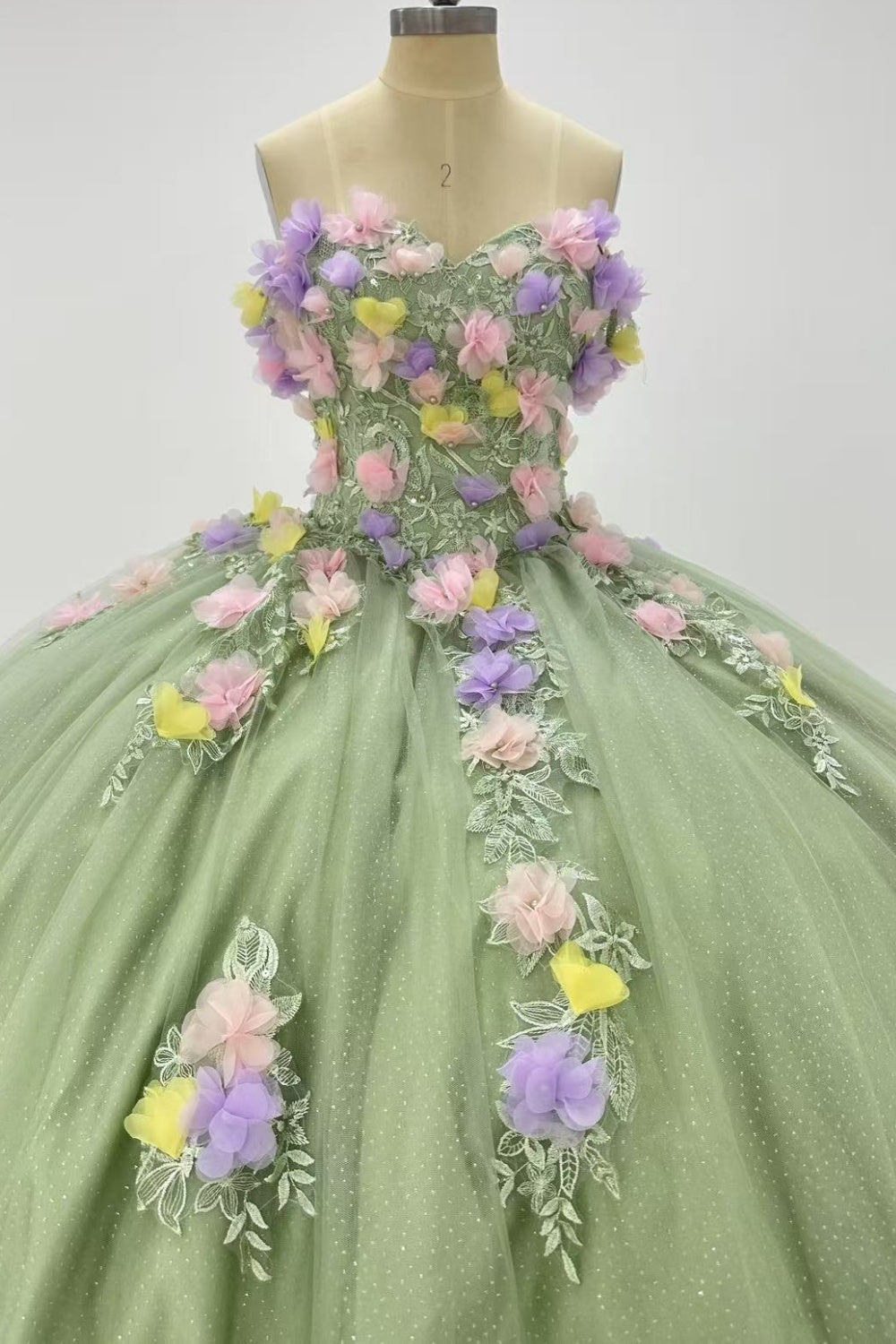 Off Shoulder Sleeveless 3D Colorful Flower Appliques Sage Green Quinceañera Dress Y1013