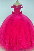 Off Shoulder Sleeveless 3D Flower Appliques Beaded Bow Knot Hot Pink Quinceañera Dress Y1014