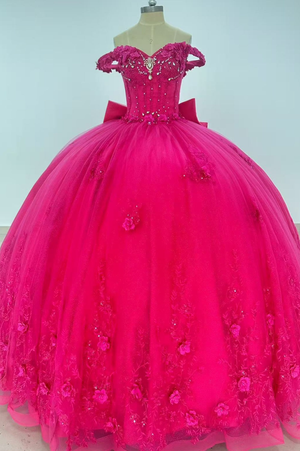 Off Shoulder Sleeveless 3D Flower Appliques Beaded Bow Knot Hot Pink Quinceañera Dress Y1014