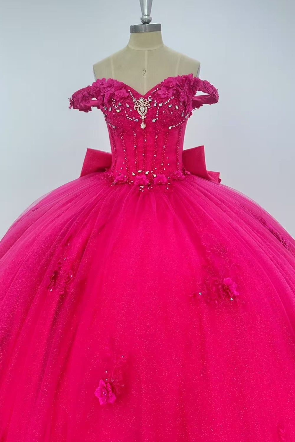 Off Shoulder Sleeveless 3D Flower Appliques Beaded Bow Knot Hot Pink Quinceañera Dress Y1014