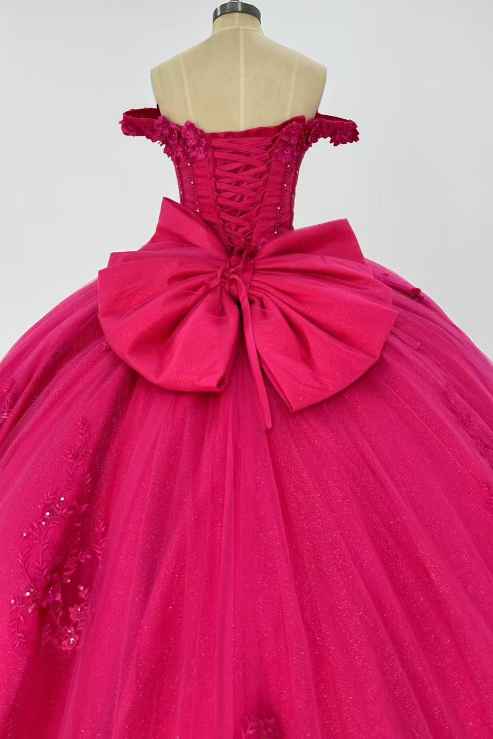 Off Shoulder Sleeveless 3D Flower Appliques Beaded Bow Knot Hot Pink Quinceañera Dress Y1014